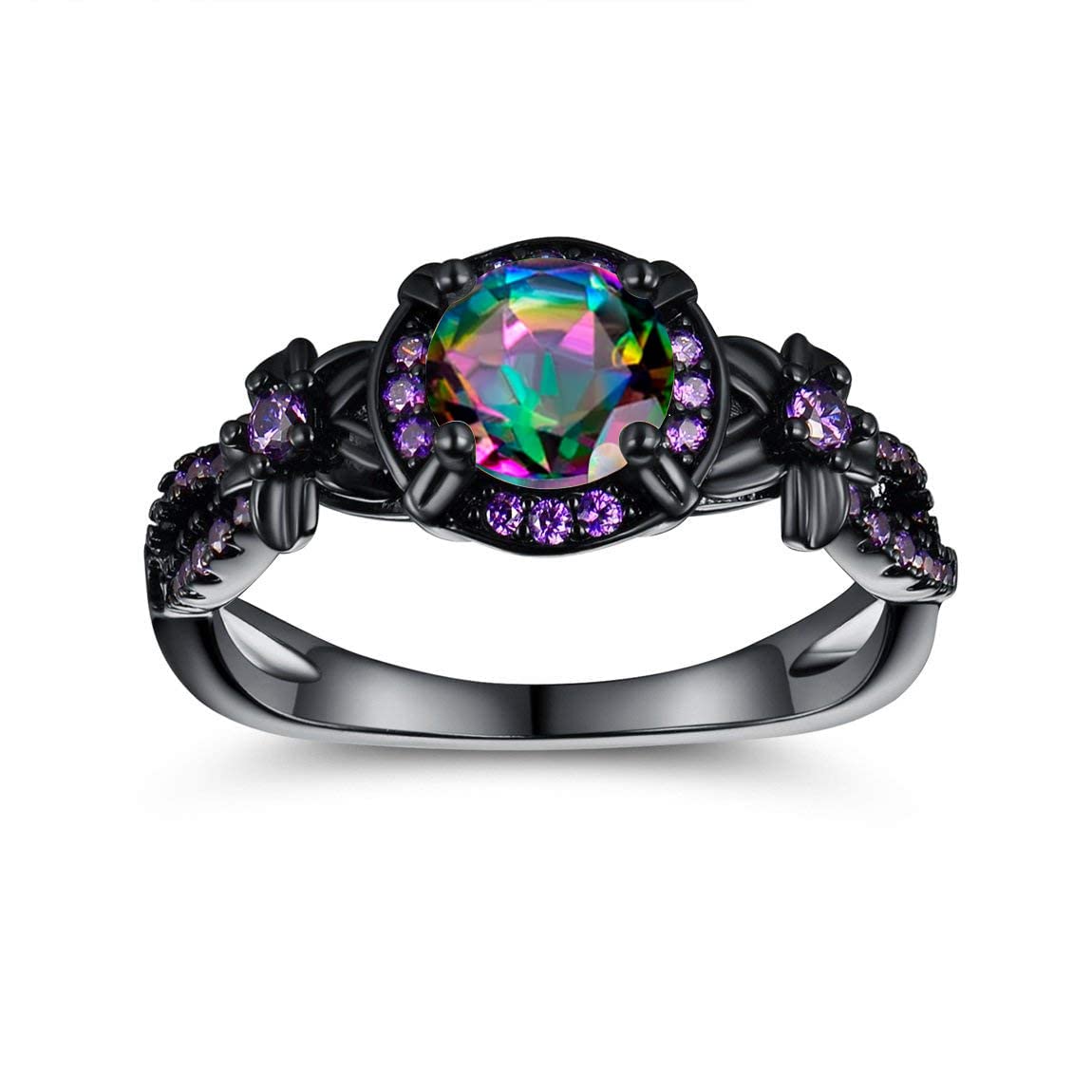Women Eternity Rings 18K Black Gold Plated Rainbow CZ Created Amethyst Gemstone Wedding Engagement Band for Bride Dainty Jewelry Gifts (9)