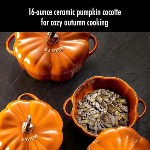 STAUB Ceramic 0.75-qt Petite Pumpkin, Oven & Stove Safe up to 572°F, Pumpkin Dish, Baking Candy Burnt Orange