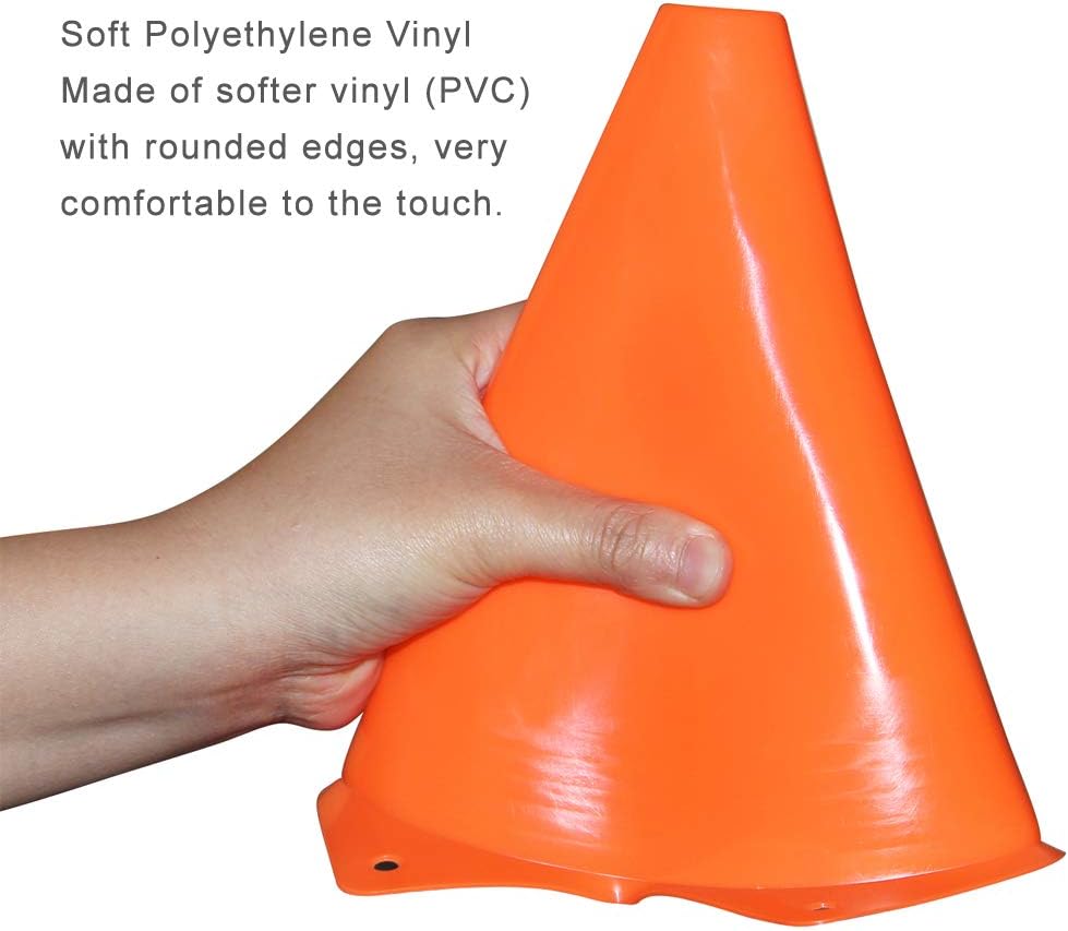 9 Inch Plastic Training Traffic Cones, Sport Cones, Agility Field Marker Cones for Soccer Basketball Football Drills Training, Outdoor Activity or Events - (Set of 10, 12, 15 or 24, 4 Colors)