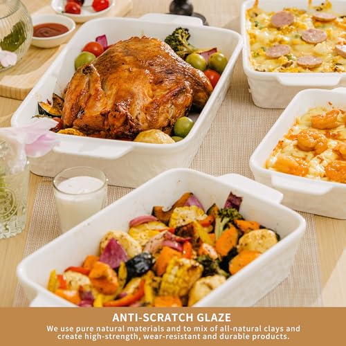 Dafuceramic Casserole Dishes for Oven, Baking Dishes, Ceramic Bakeware Sets of 4, Rectangular Baking Pan Set with Handles for Baking, Casserole, Kitchen, Wedding Gift,White