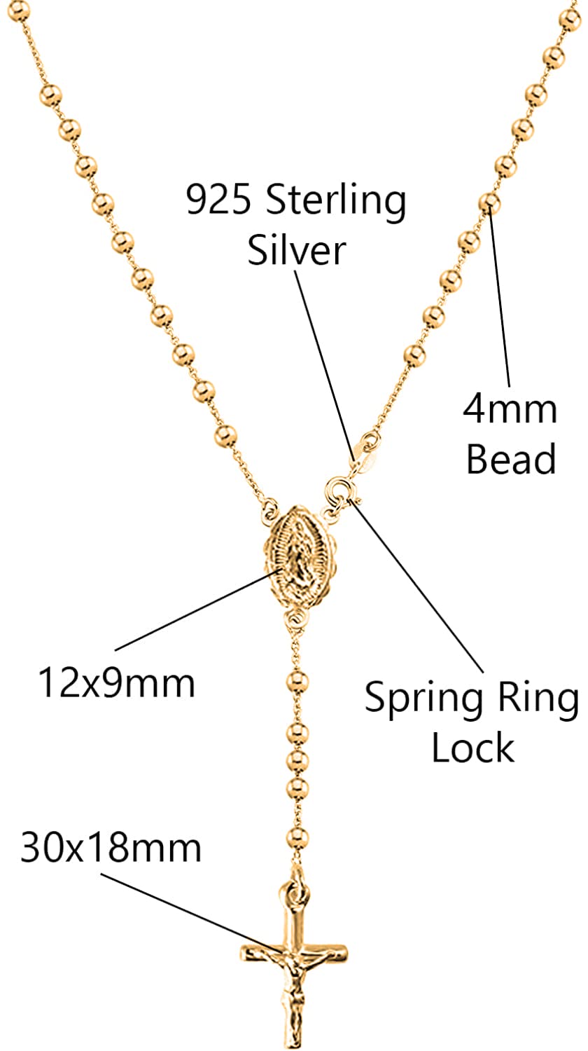 Savlano 925 Sterling Silver Italian Solid Bead Chain Cross & Rosary Virgin Mary Pendant -18K Gold Plated Y Necklace Comes With Gift Box for Women - Made in Italy (20, 4mm)