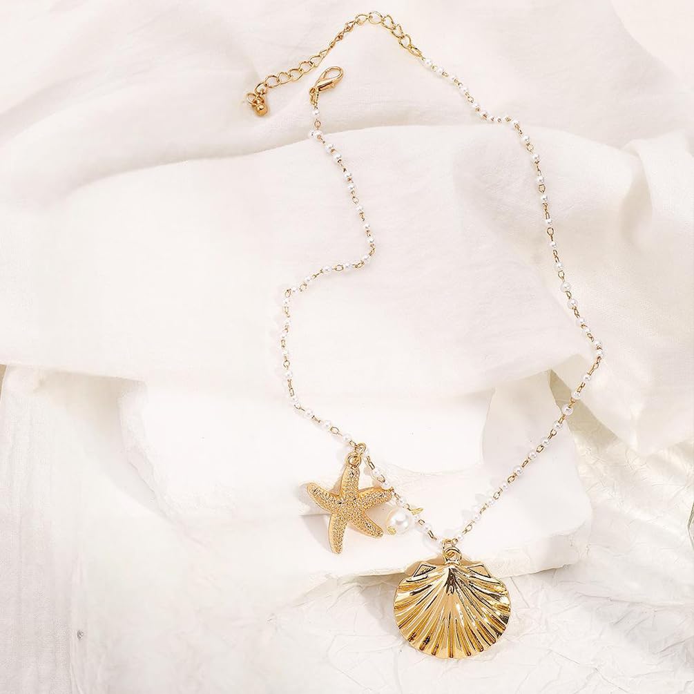 Gold Shell Starfish Beaded Pearl Necklaces for Women, Boho Sea Shell Star Beads Pearls Pendant Chain Necklace Holiday Beach Party Ocean Jewelry Gifts (Gold)