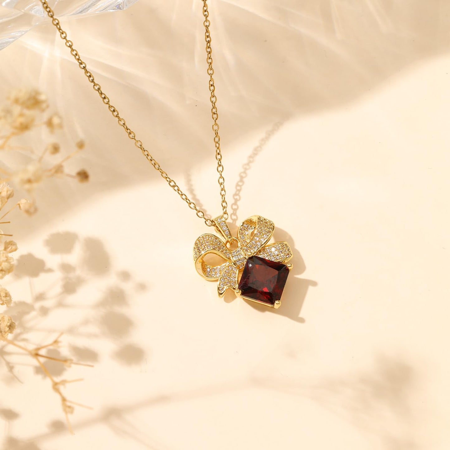 crataly Red Square Garnet Bow Necklace for Women-Gold Plated January Birthstone Vintage Necklace For Valentines Day Mother's Day Christmas Birthday Gifts