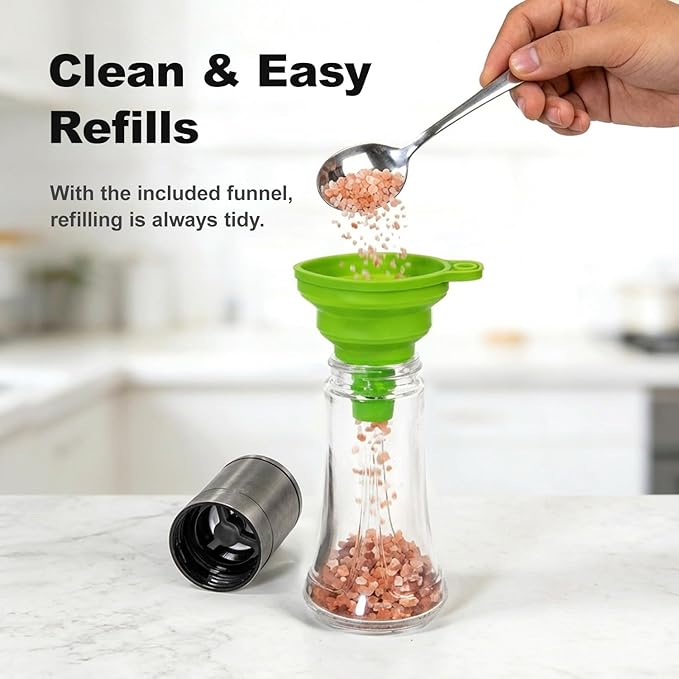 Aelga Salt and Pepper Grinder Set - 4oz Glass Manual Pepper Mill with 5-Level Adjustable Coarseness, Refillable Salt Grinder for Kitchen, Modern Kitchen Gift Set with Silicone Funnel