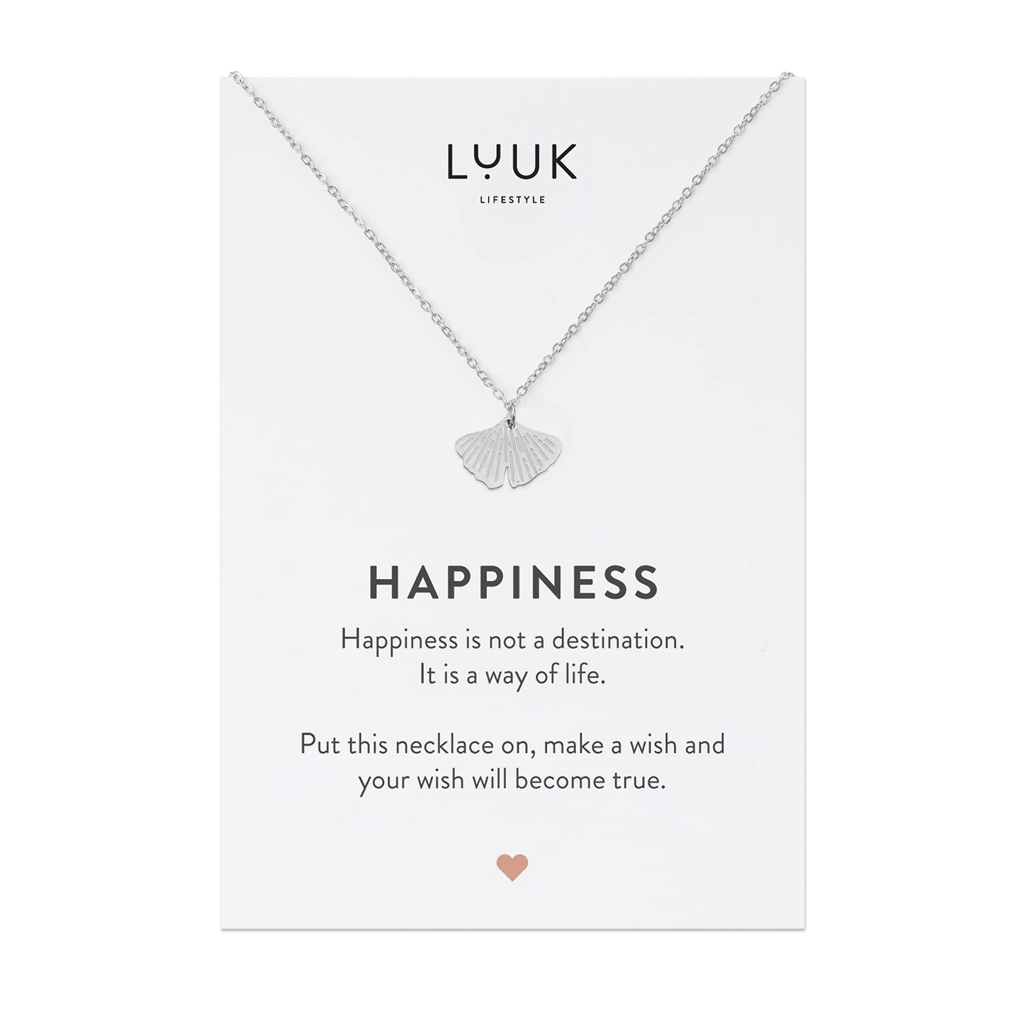 LUUK LIFESTYLE Necklace for women in stainless steel with ginkgo leaf pendant and HAPPINESS gift card, gift idea, 19” chain length, symbol of nature and serenity, zen jewelry for women, silver