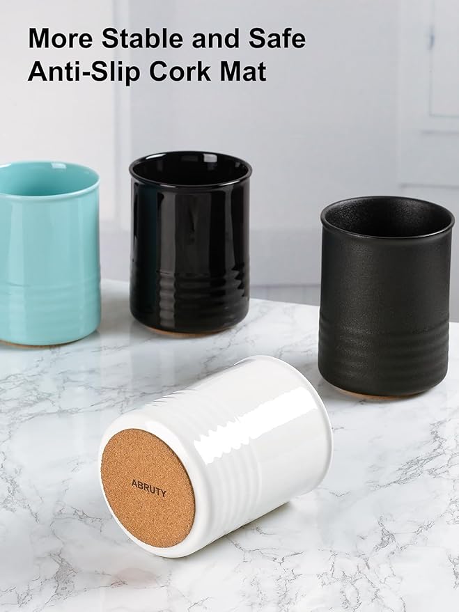 ABRUTY Utensil Holder, 6.7" Ceramic Kitchen Utensil Crock for Countertop Cooking, Modern Utensil Caddy Jar Organizer for Farmhouse Kitchen Counter Décor, Turquoise