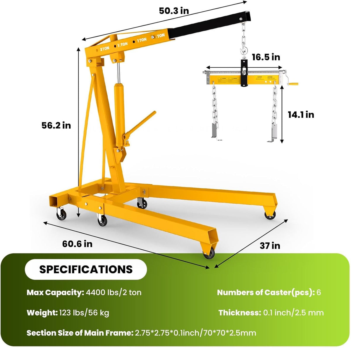 2-Ton Engine Hoist Cherry Picker with Engine Leveler, 4400 Lbs Folding Hydraulic Workshop Crane Lift with 6 Swivel Wheels and Telescopic Boom, Heavy-Duty Crane for Garage, Automotive Repair (Yellow)