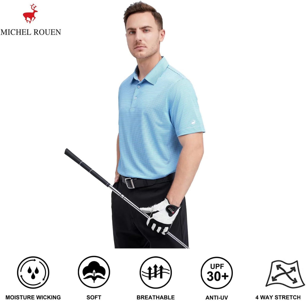 Mens Golf Shirt Moisture Wicking Dry Fit Performance Sport Short Sleeve Striped Golf Polo Shirts for Men