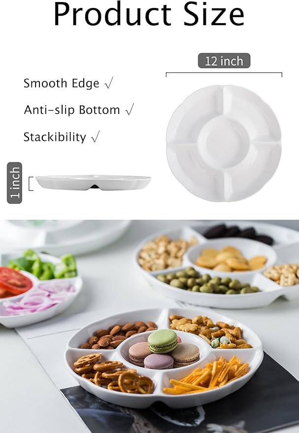 LAUCHUH Veggie Tray Set of 2, Porcelain Chip & Dip Serving Set Divided Serving Platter White Serving Tray for Party, Fruits, Veggies, Candy, Snack, Dessert, 12 inch