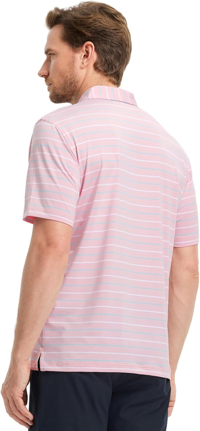 Rouen Mens Golf Shirt Moisture Wicking Dry Fit Performance Stripe Casual Collared Short Sleeve Golf Polo Shirts for Men