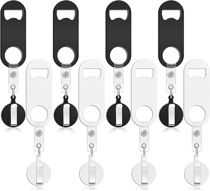 Honoson 8 Pieces Retractable Bottle Opener Bartender Flat Beer Opener with Round Badge Reel Clips Holder for Kitchen Restaurant Home Supplies Party Gifts (Classic,Black and White)