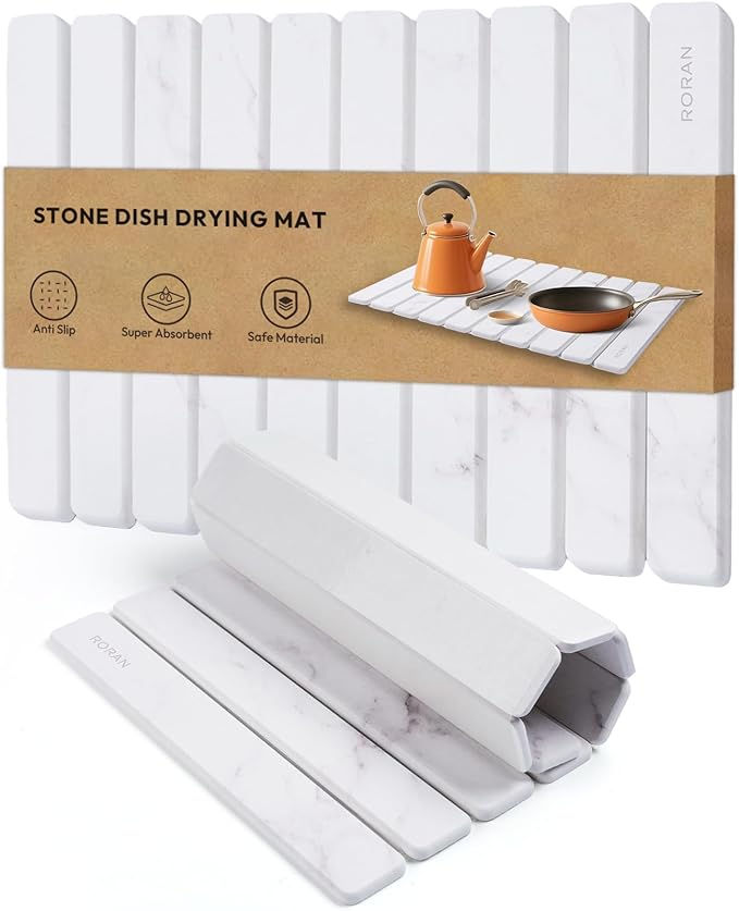Stone Drying Mat for Kitchen Counter, 24"(L)×16"(W), Drying Matt Kitchen Counter, Stone Dish Drying Mat, Foldable Diatomaceous Earth Mat
