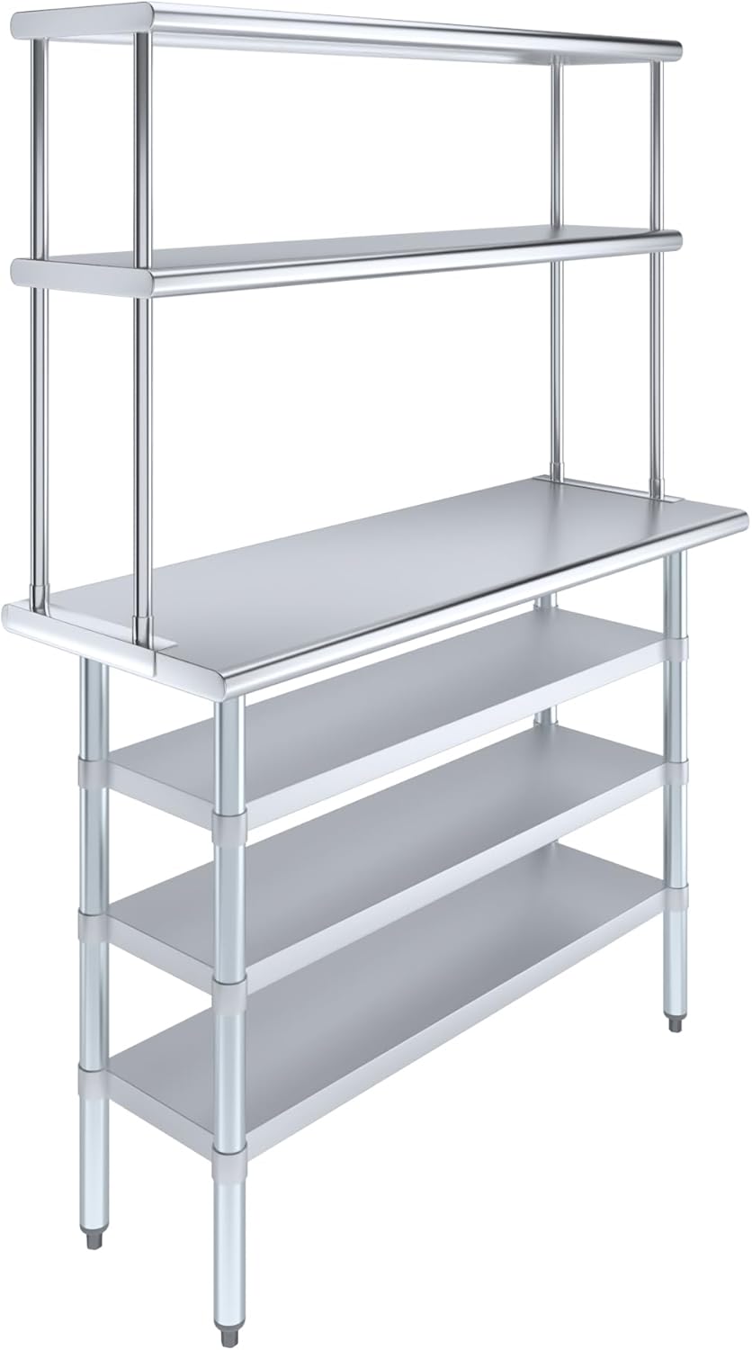 Amgood 18" x 48" Stainless Steel Work Table with 3 Shelves and 12" Wide Double Tier Overshelf | Metal Kitchen Prep Table & Shelving Combo | NSF