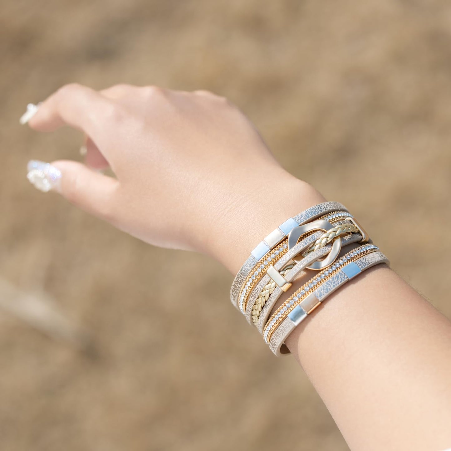 FANCY SHINY Boho Leather Wrap Bracelets Circle Square Bead Braided Handmade Stackable Bracelet Trendy Cuff Bangle for Women(Cream)