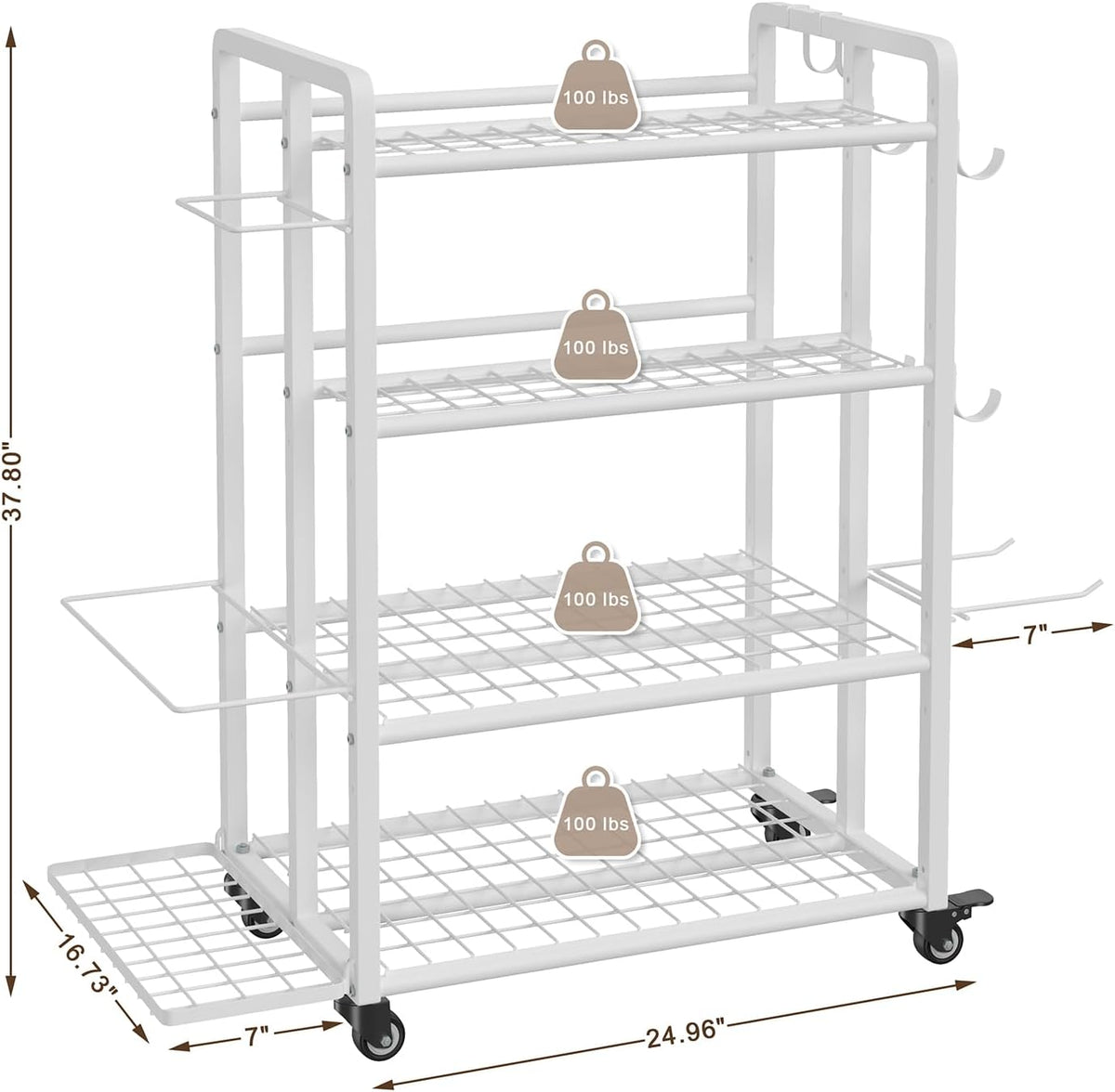 4-Tier Dumbbell Rack Stand Only, Adjustable Weight Rack for Dumbbells Kettlebells Yoga Mat, Home Gym Storage Rack with Wheels and Hooks, Powder Coated Finish
