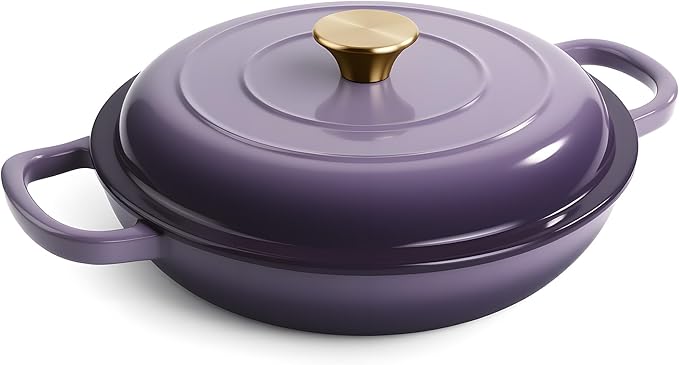 Vintage Style 3 Quart Enameled Cast Iron Braiser, Non Stick Enameled Cast Iron Skillet with Lid, Dutch Oven Skillet with lid up to 500°F for Oven, Stove, Grill, Shallow Dutch Oven for Cook, Bake (Purple)