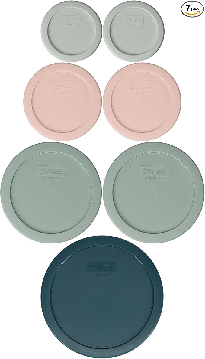 Pyrex (2) 7202-PC 1 Cup White Mint, (2) 7200-PC 2 Cup Rosewater Pink, (2) 7201-PC 4 Cup Tranquil Green, (1) 7402-PC 6/7 Cup Tarragon Green Food Storage Replacement Lids – Made in the USA