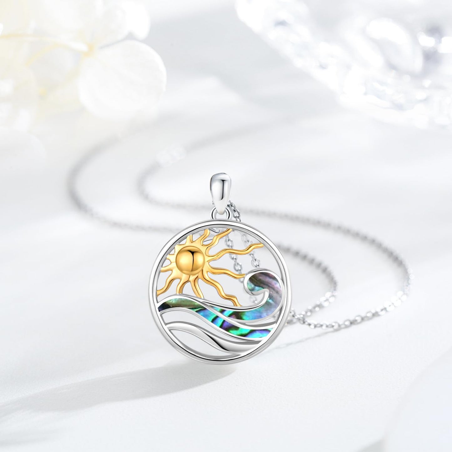 Midir&Etain Ocean Wave Necklace 925 Sterling Silver Abalone Shell Pendant Sun Necklace Ocean Surf Necklace Summer Hawaiian Beach Ocean Jewelry for Women