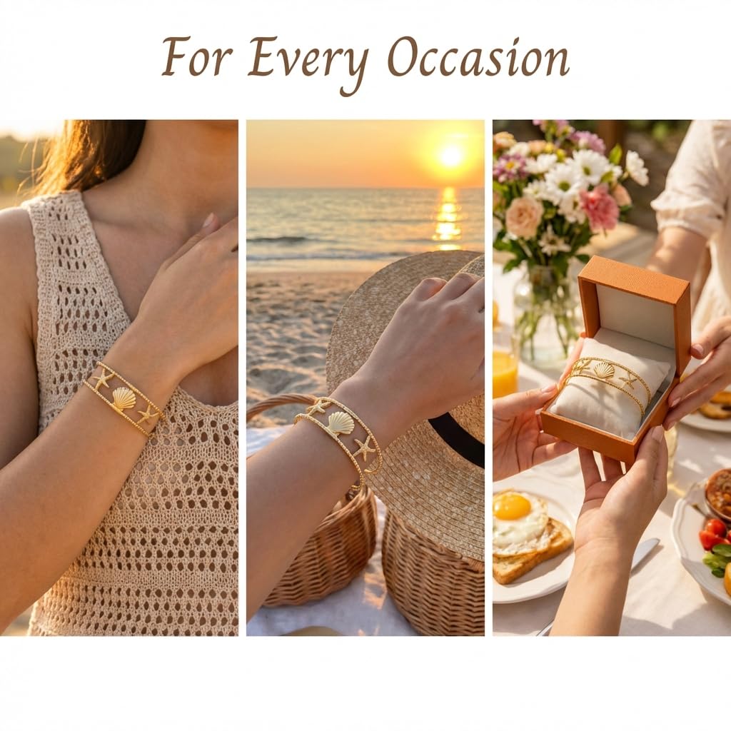 MystiGlimmer Starfish Open Cuff Bracelet for Women 18K Gold Plated Stainless Steel, Adjustable Ocean-Inspired Arm Cuff, Waterproof, Hypoallergenic Beach Jewelry Gift (Starfish-Seashell 3)