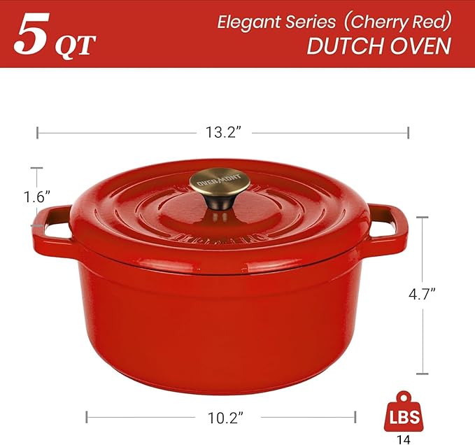 Overmont Enameled Cast Iron Dutch Oven - 5QT Pot with Lid Cookbook & Cotton Potholders - Heavy-Duty Cookware for Braising, Stews, Roasting, Sourdough Baking red