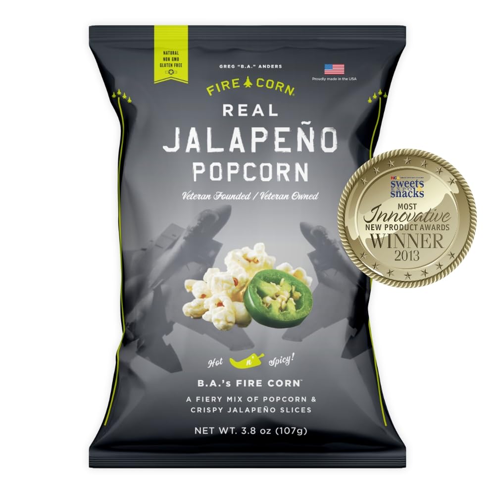 Fire Corn Popcorn Pack of 6 Real Jalapeno Popcorn Gluten Free, Spicy, Non-GMO, Healthy Snacks Founded & Owned by Combat Veteran, Original Flavor, 3.8 oz Sharing Bags