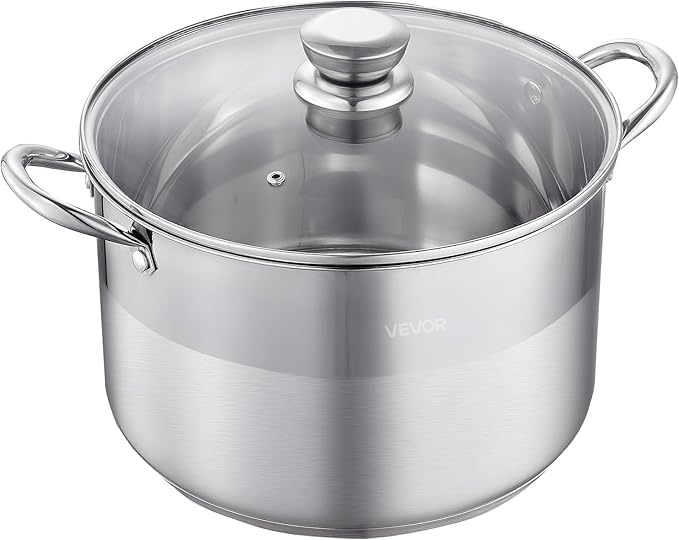 VEVOR Stainless Steel Stock Pot, 12QT Stainless Steel Stockpot with Glass Lid, PFOA-Free, PFAS-Free, Compatible with Gas Stoves, Induction Cooktops, Electric Stoves, for Soups, Stews, and Pasta