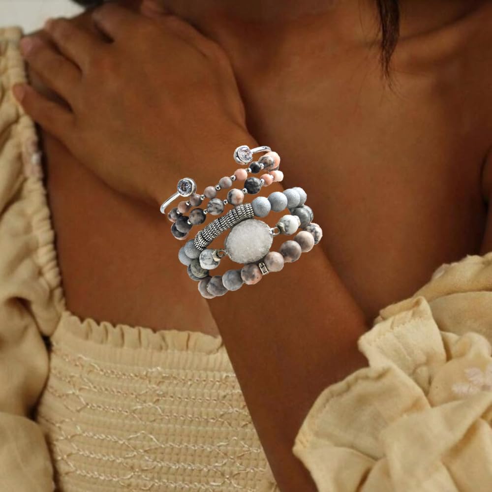 Yomisa Boho Beaded Bracelets/Bangle for Women,Multilayer Wrap 5PCS Healing Natural Zebra Jasper Stone Bead Bracelets Stackable Friendship Stretch Beaded Bracelet Set Trendy Bohemian Jewelry Gift