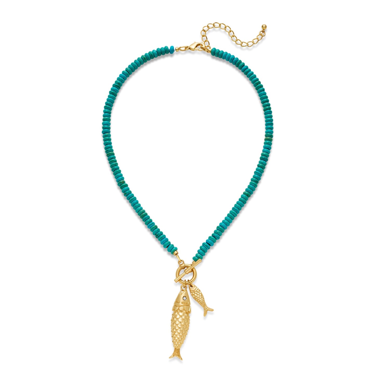 MYCUTEY Gold Fish Necklace For Women Vintage-inspired Turquoise Strand Toggle Necklace With 2 Chunky Gold Fish Pendants Dainty Summer Beach Jewelry