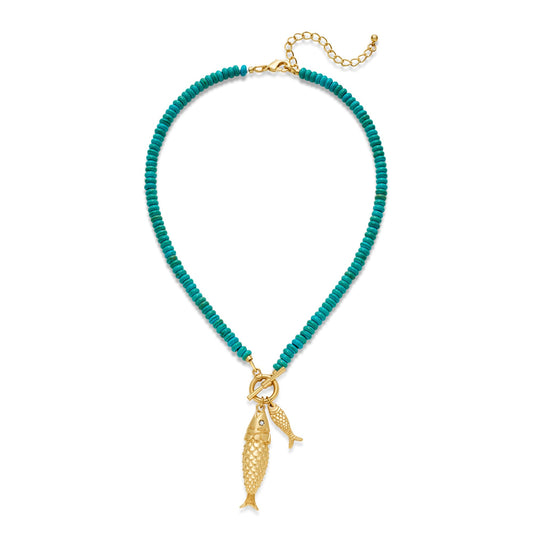 MYCUTEY Gold Fish Necklace For Women Vintage-inspired Turquoise Strand Toggle Necklace With 2 Chunky Gold Fish Pendants Dainty Summer Beach Jewelry