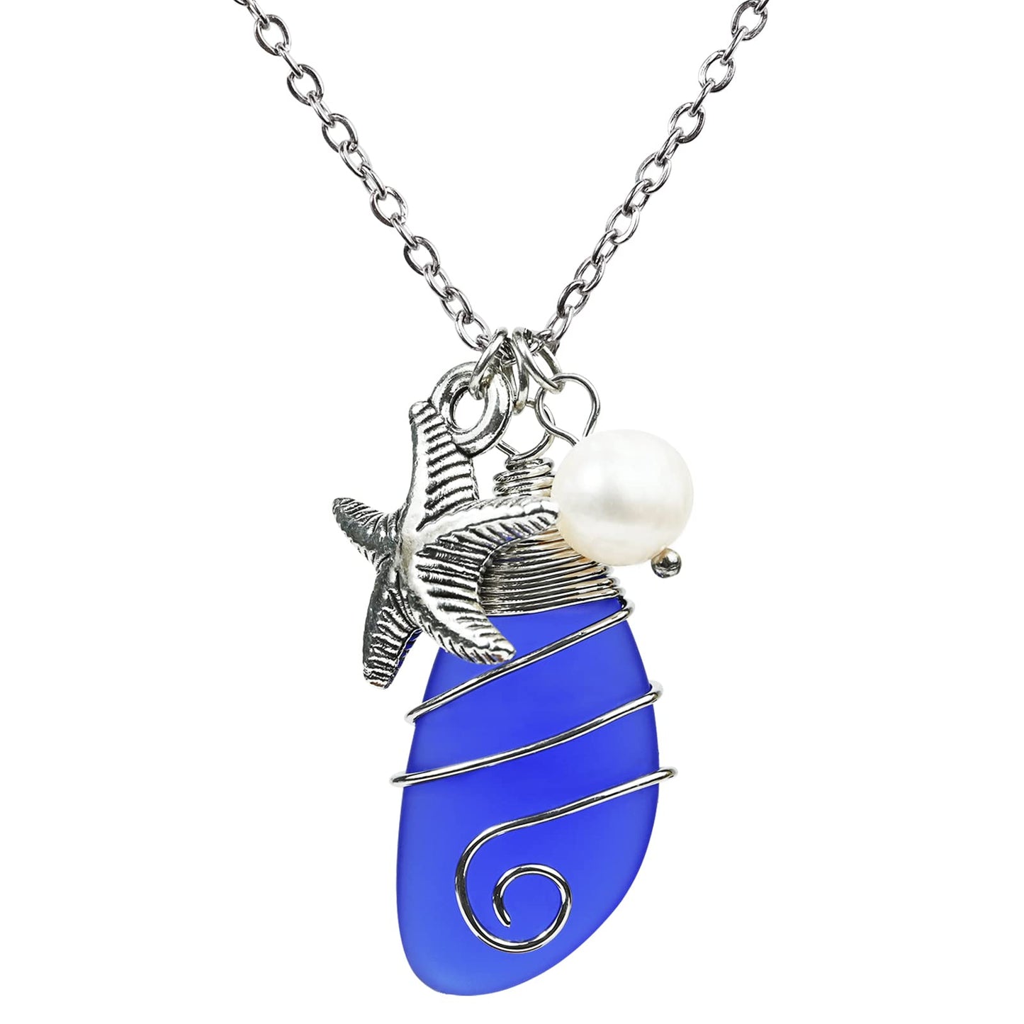 Sea Glass Necklace, Beach Jewelry for Women, Wire Wrapped Beach Necklaces with Starfish, Freshwater Pearls, Sea Glass Jewelry, Handmade Necklaces Gift for Women Girls