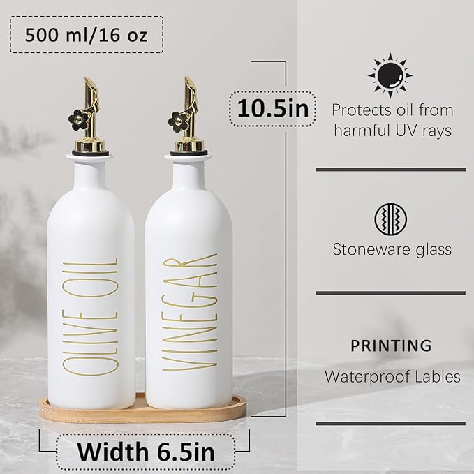 HOMCDALY 16oz Olive Oil Dispenser Bottles for Kitchen, Gold Oil&Vinegar Dispenser Set, Glass Oil Dispenser for Kitchen with Bamboo Tray | Set of 2 (16oz-P-Gold)