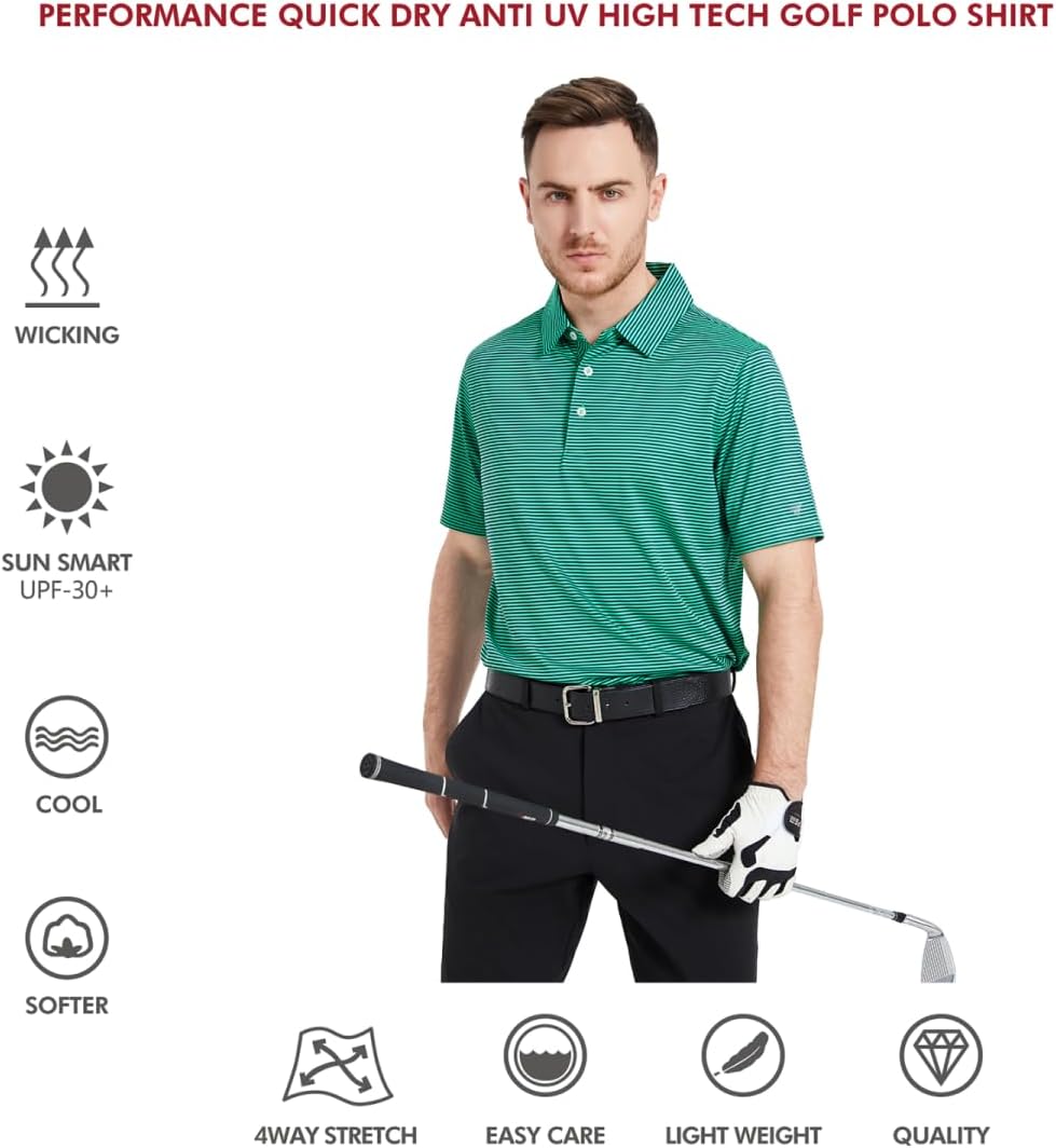 Men's Golf Polo Shirts Short Sleeve Striped Performance Moisture Wicking Dry Fit Golf Shirts for Men