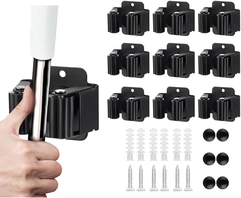 9PCS Broom and Mop Holder, Heavy Duty Garden Tool Organizer Rack Rake and Shovel Handle, Stainless Steel Mop Hanger. Screws for Wall Mounted. Matte Black
