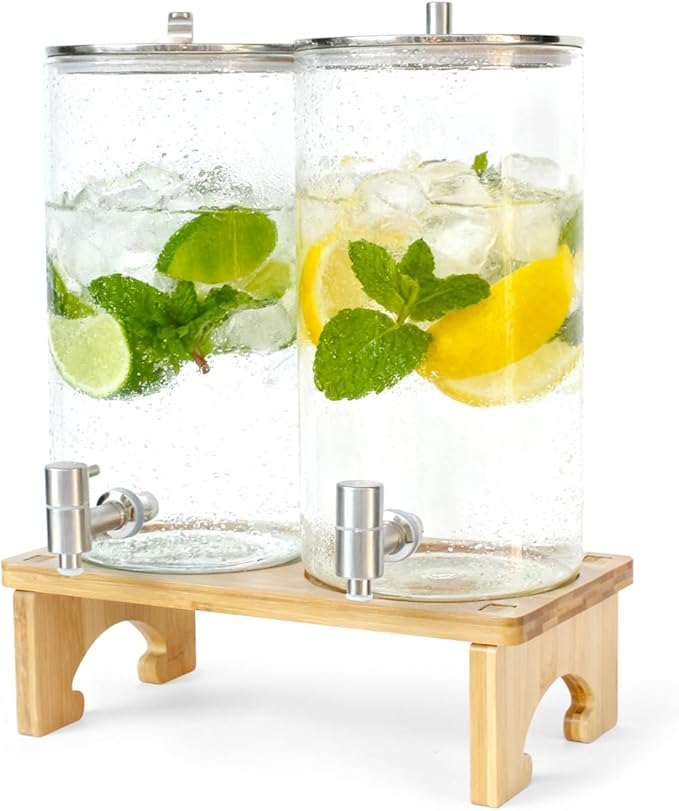 2 Pack 1.5 Gallon Drink dispenser with Stand，Glass Beverage Dispenser With Wood Stand, 18/8 Stainless Steel Spigot and Labels Large Water Drink Dispensers for Parties, Lemonade,Juice, Tea