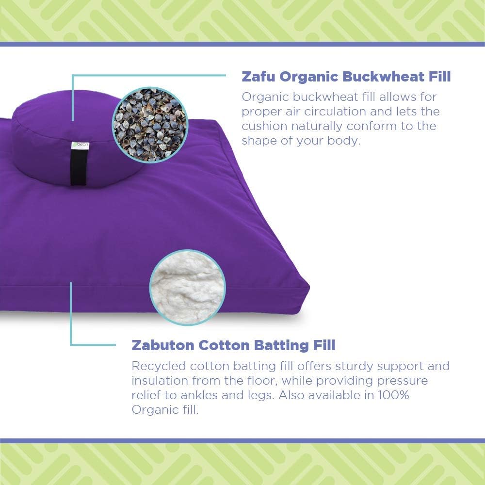 Bean Products Meditation Cushion Mat Set - Zafu Floor Pillow Organic Buckwheat Pillow + Cotton Filled Zabuton Prayer Pad - Meditation Pillow Yoga Knee Pad - Made in USA - 14" Round or 18" Oval