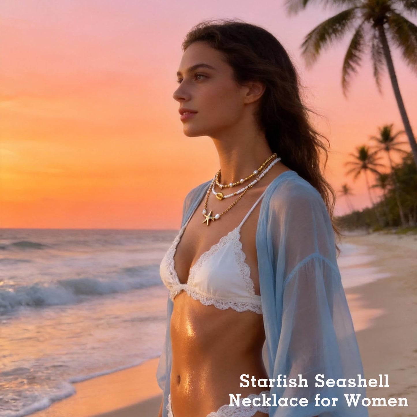 VOJO Starfish Seashell Necklace for Women, 3 Layers Stacked Summer Beach Necklaces, Colorful Polymer Clay Pearl Jewelry, 18K Gold Plated Tropical Hawaii Vacation Accessories, Tarnish Resistant Gifts (Pearl shell + starfish)
