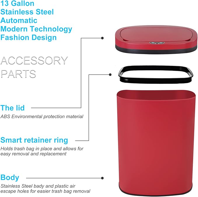 Bigacc 13 Gallon 50L Touch Free Automatic Stainless Steel Trash Can Garbage Can Metal Trash Bin with Lid for Kitchen Living Room Office Bathroom, Electronic Motion Sensor Automatic Trash Can - Red