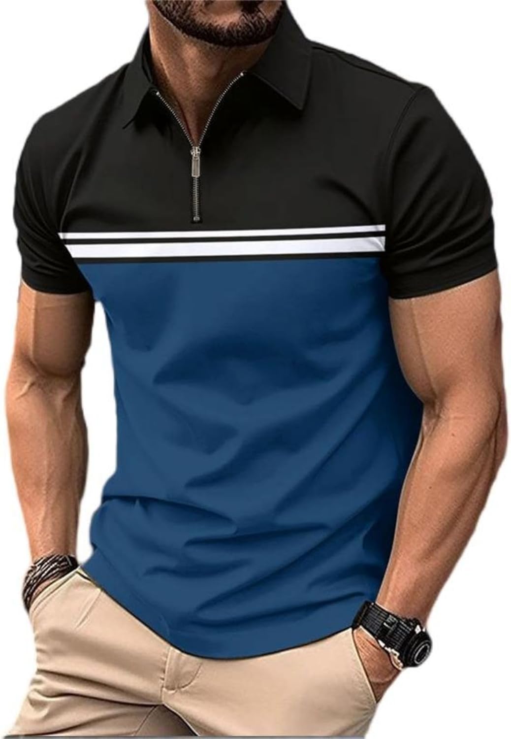Men's Casual Polo Shirts Short Sleeve Fashion Golf Shirt Classic Striped Slim Fit T-Shirts
