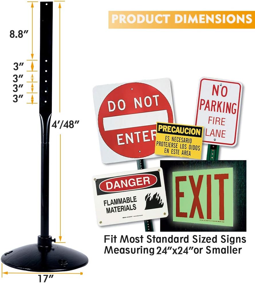 Heavy Duty Cast Iron Sign Post and Base Kit - 17" DIA Stand with 48" Post and Bolts & Nuts for Hanging Signs, Portable Sign Holder for Parking and Recreational Use
