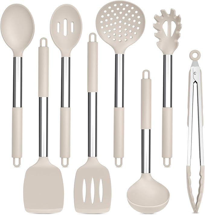 TeamFar Kitchen Utensils Set of 8, Silicone Utensils Kitchen Tools Set with Stainless Steel Handle, for Frying Serving Flipping Draining, Non-toxic & Heatproof, Nonstick & Dishwasher Safe - Khaki