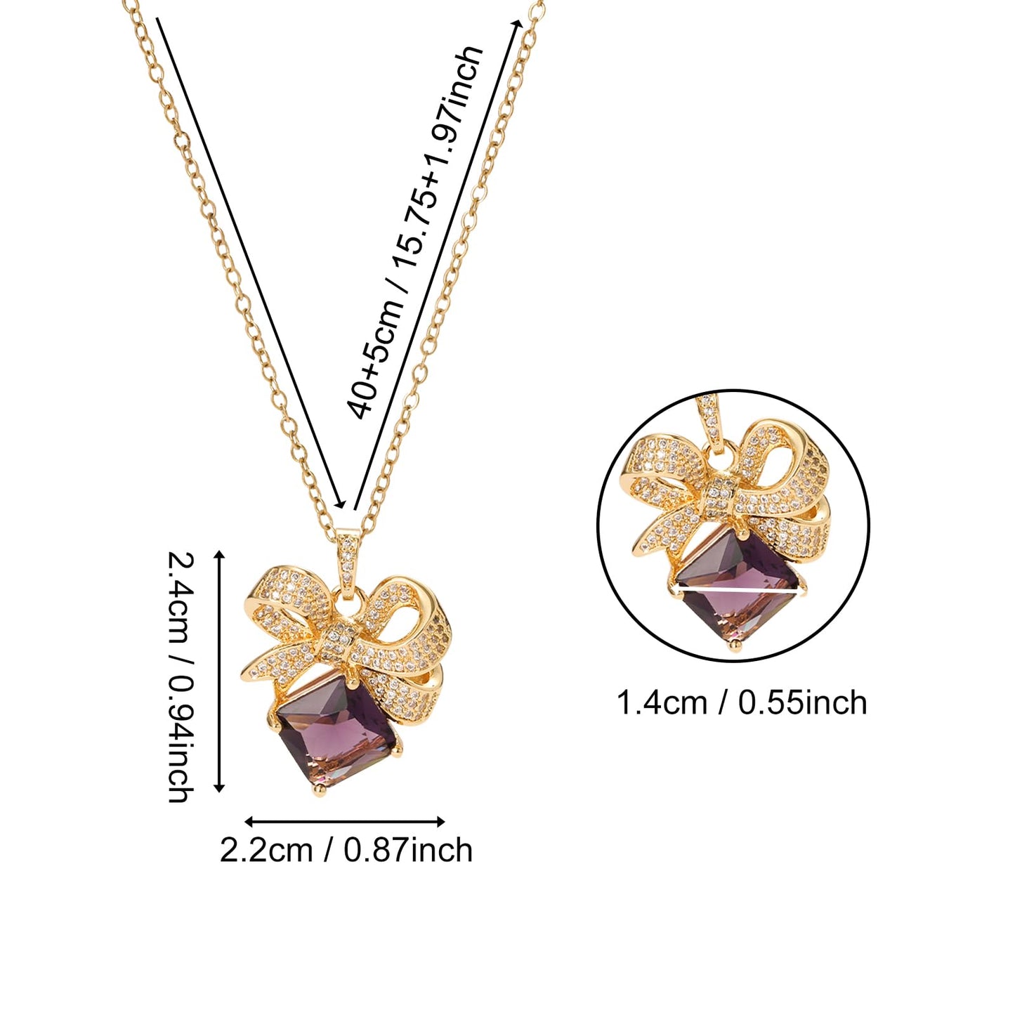 Purple Baroque Square February Birthstone Amethyst Bow Necklace for Women-Gold Plated Amethyst Pendant Waterproof Non Tarnish Maximalist Jewelry Necklace Birthday Valentines Day Mother's Day Christmas Thanksgiving Gifts