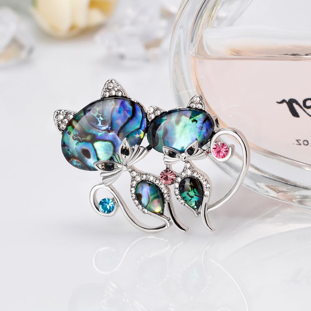 Cat Brooch for Women Abalone Shell Zirconia Cat Pin Animal Jewelry Birthday Holiday Gift for Girlfriend Wife Mother