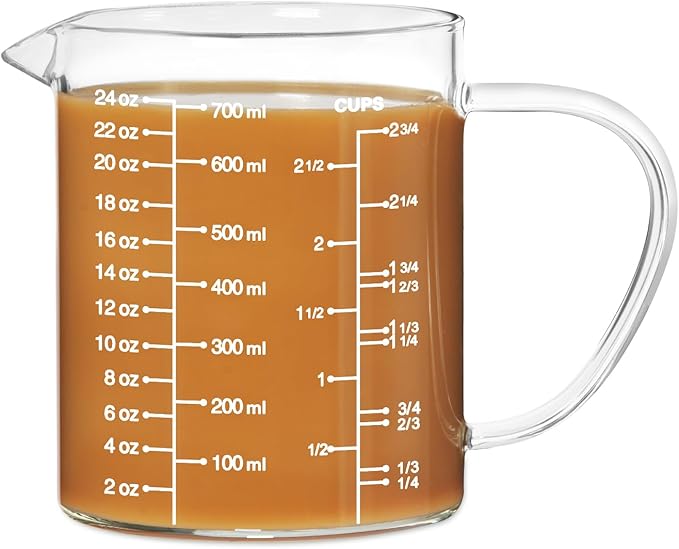 77L Glass Measuring Cup, Clear Liquid Measuring Cup with V-Shaped Spout and Three Scales, High Borosilicate Glass Beaker with Handle for Kitchen or Restaurant, 700 ML (0.7 Liter, 2 3/4 Cup)