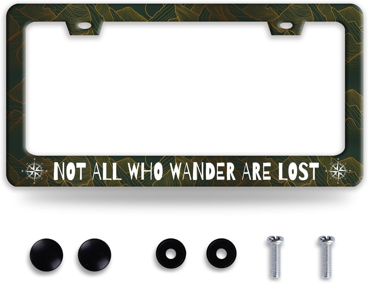 Not All Who Wander are Lost License Plate Frame Funny Golden Mountains License Plate Frames Stainless Steel Accessories Cars Decor with 2 Holes and Screws Fits Standard Us Ca Vehicles 12.2 X 6 Inch