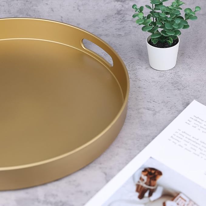 Round Gold Decorative Serving Tray with Handles, 13” Versatile Ottoman Tray for Coffee Table, Entertaining, Outdoor Patio, Living Room