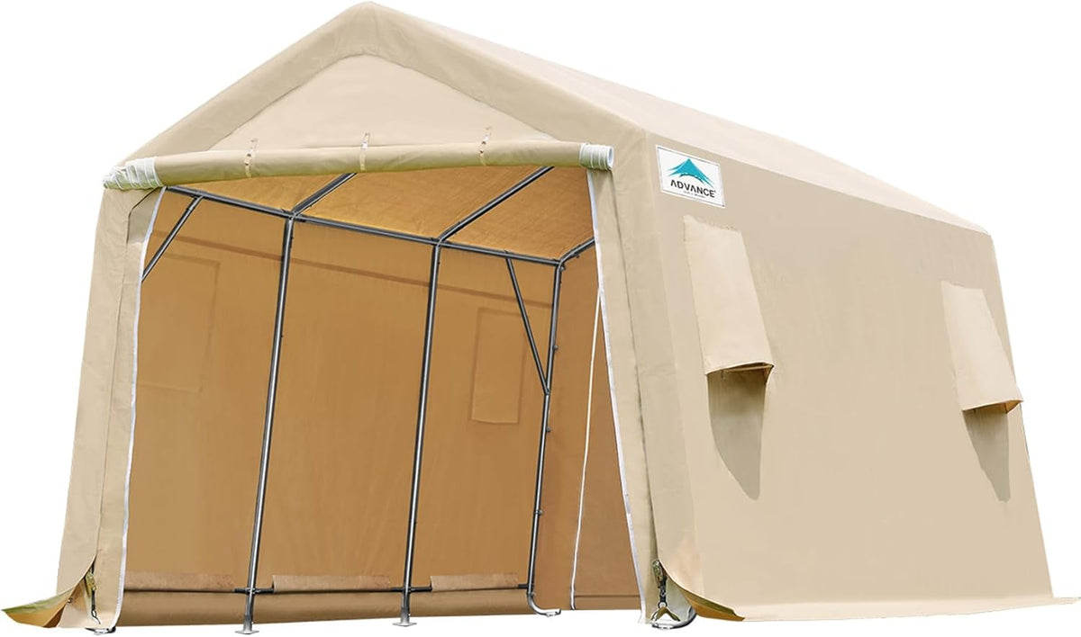 ADVANCE OUTDOOR 10X15 ft Garage Shelter Steel Metal Peak Roof Portable Storage Shed Carports for Motorcycle Boat, or Garden Tools with 2 Roll up Doors & Vents, Beige