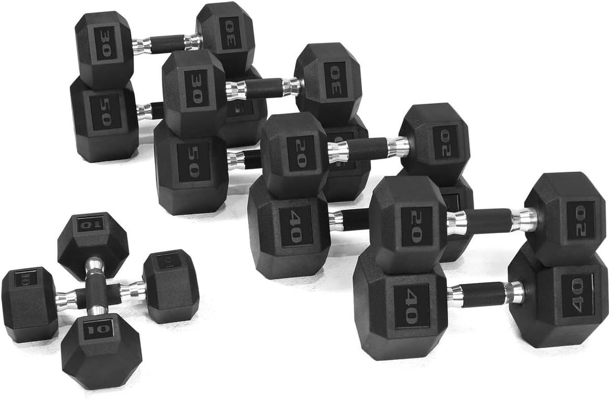 WF Athletic Supply Rubber Encased Hex Dumbbells with Rubber Grip Contoured Handle for Muscle Toning, Strength Building & Full Body Workout