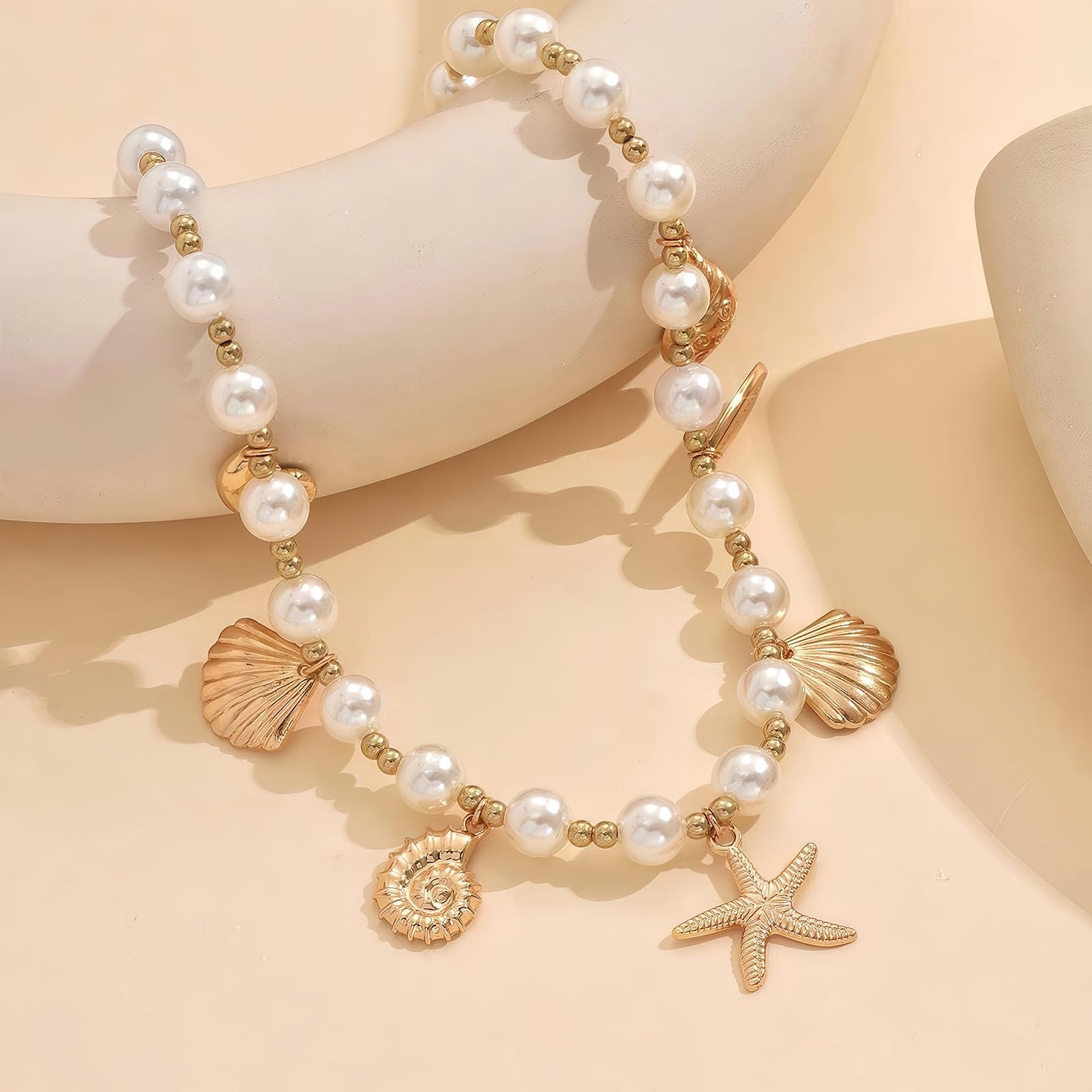 Shell Starfish Necklace for Women, 14k Gold Plated Boho Layered Beaded Charm Pendant Necklace, Dainty Adjustable Pearl Conch Summer Beach Vacation Jewelry Gifts(Pearl Charm)