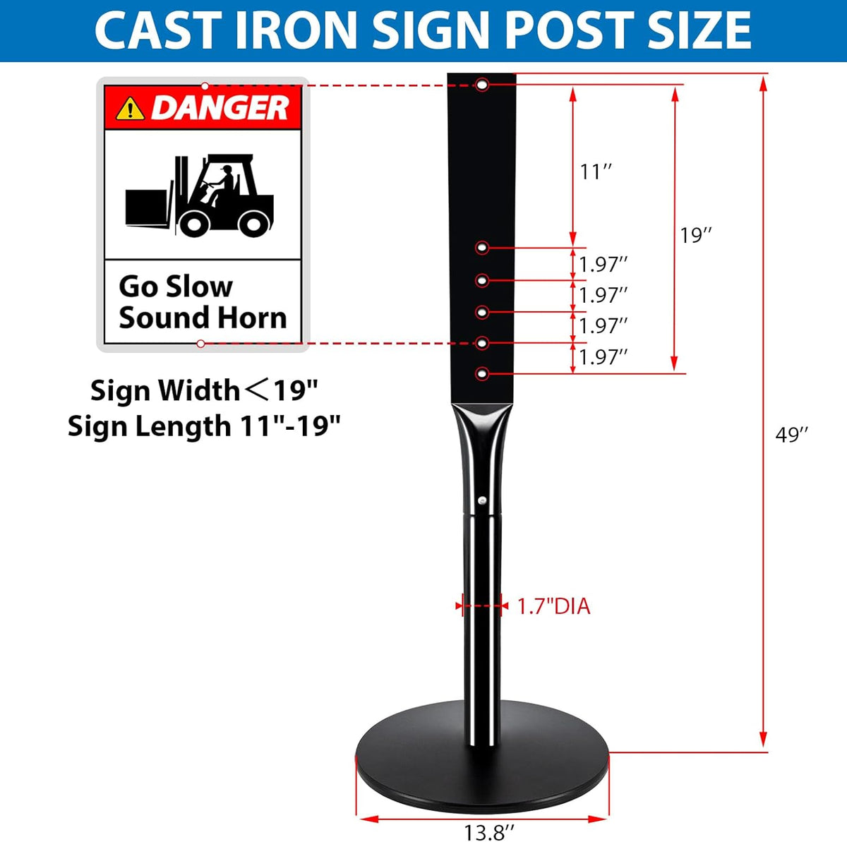 Heavy Duty Parking Sign Post Stand 49", 20lbs Cast Iron Base Sign Post for Outside Sign Holder, Yard Sign Stand, Street Sign Post, Black
