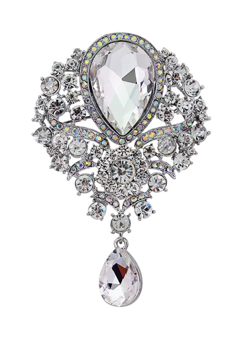 Gyn&Joy Vintage Inspired Crystal Clear Rhinestones Teardrop Flower Wedding Bridal Floral Brooch Pin